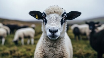 Fototapeta premium Close-up portrait of a curious Icelandic sheep, its black and white face framed against a blurred background of other sheep grazing on a misty hillside. : Generative AI