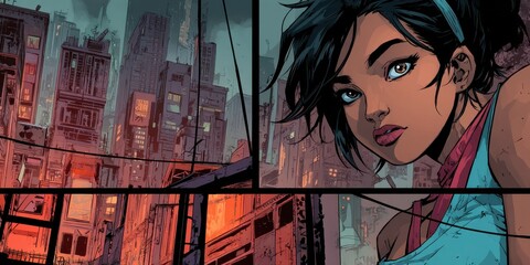 Urban female figure in a comic book panel.
