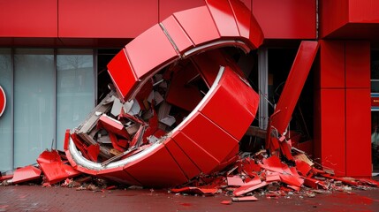 Earthquake, tremor and damage concept. Damaged red structure leaning against a building after an accident or disaster.