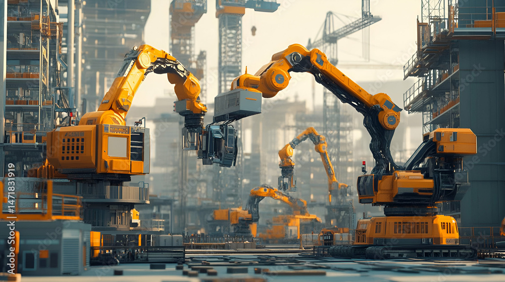Aufkleber orange robotic arms constructing in a futuristic industrial setting
