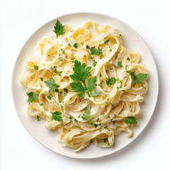 A top-down view displays a creamy plate of fettuccine alfredo, garnished with fresh herbs.