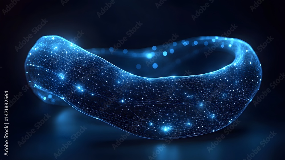Aufkleber Futuristic glowing ring made of interconnected blue lines and nodes, set against a blurred dark backdrop. Suggests advanced technology and connectivity. Ideal for Abstract dark blue wireframe.