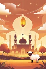 Idul Adha Vector Illustration with Mosque, Lantern, Cow, and Sheep in Warm Sunset Colors