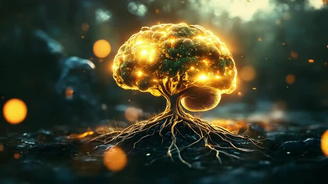 Glowing Brain Tree of Life Mystical Nature Scene with Roots and Golden Light