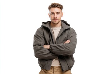 Naklejka premium Confident Man in Grey Hooded Jacket: Casual Portrait
