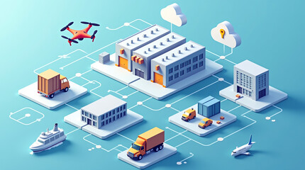 Isometric map of warehouses, delivery trucks, drones, and cargo ships connected via GPS and cloud networks.