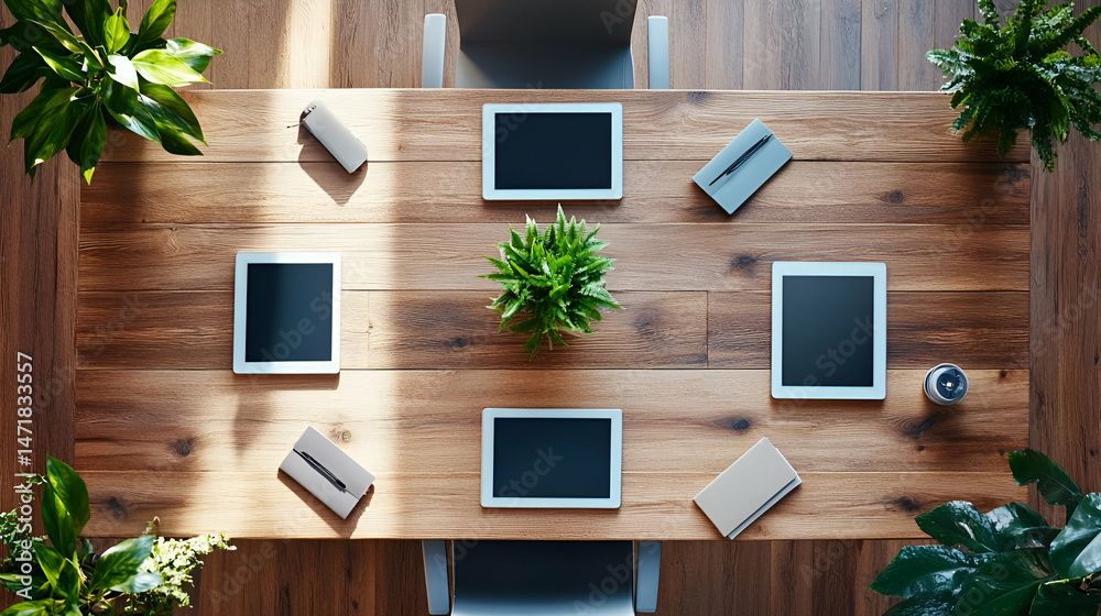 Poster overhead view of modern conference table with tablets and plants