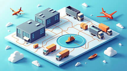 Isometric map of warehouses, delivery trucks, drones, and cargo ships connected via GPS and cloud networks.