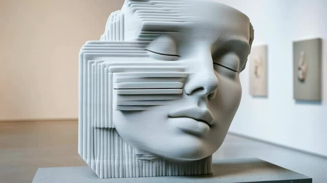 A large 3D printed sculpture of a human face, with an abstract artistic twist, placed in an art gallery