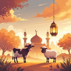 Idul Adha Vector Illustration with Mosque, Lantern, Cow, and Sheep in Warm Sunset Colors