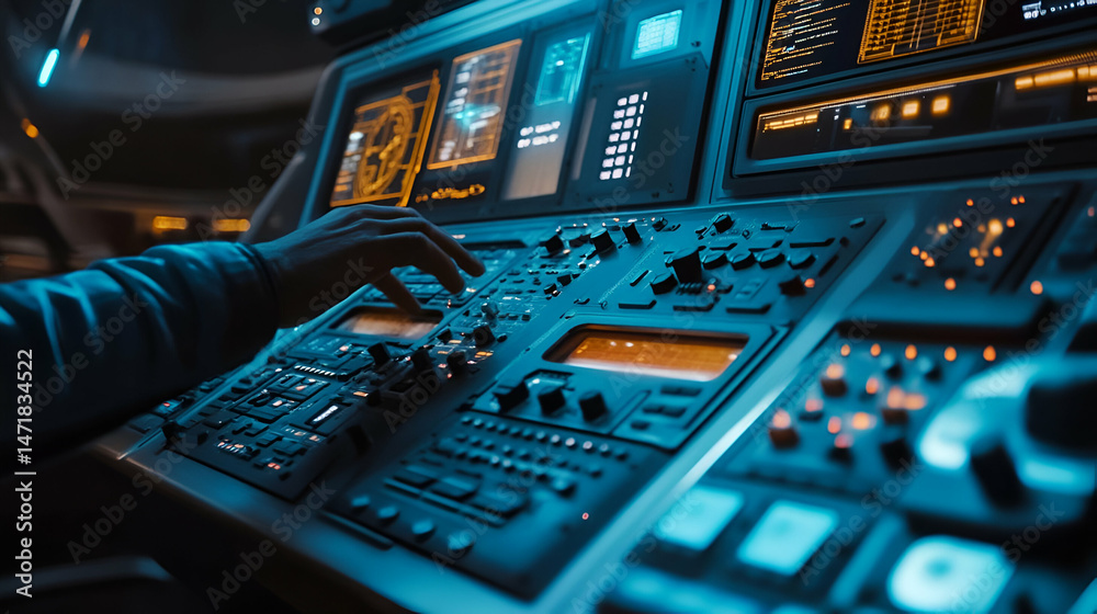 Poster person operating futuristic control panel with glowing blue interface
