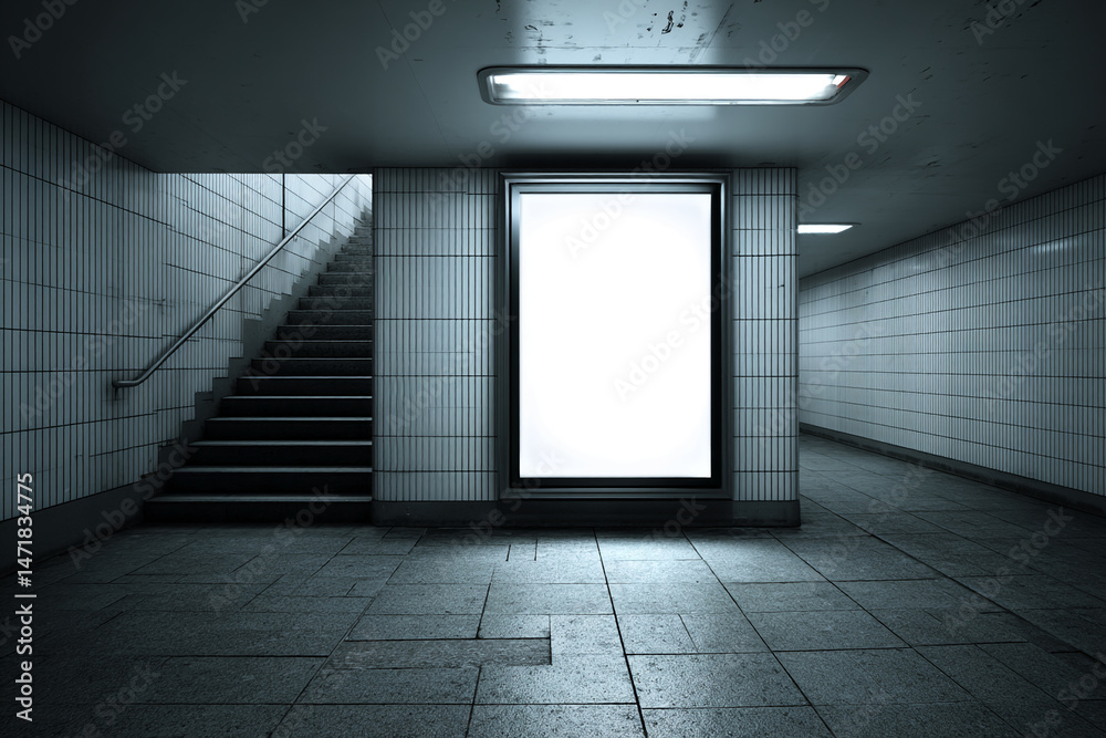 Aufkleber Subway underpass with staircase and large blank billboard mockup suitable for advertisement or design showcase