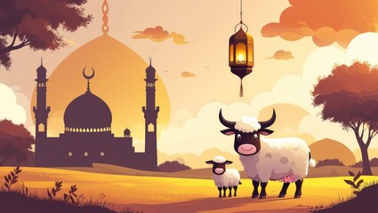 Idul Adha Vector Illustration with Mosque, Lantern, Cow, and Sheep in Warm Sunset Colors
