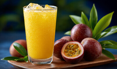 Fototapeta premium Refreshing, bright yellow juice with ice. Fresh passion fruits and green leaves. A healthy drink