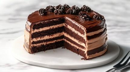 Decadent chocolate fudge cake with piped rosette and rich icing