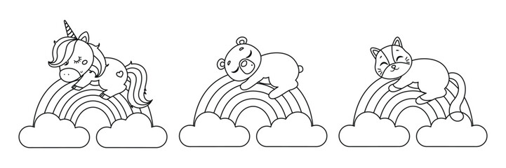  Cute animals sleeping on a rainbow. Coloring page. Hand drawn vector illustration