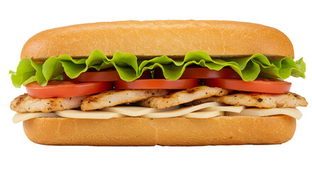 Delicious sandwich featuring layers of cheese, grilled chicken, sliced tomatoes, and lettuce, all nestled between a soft, toasted bun.