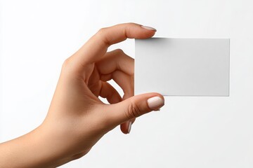 Obraz premium Blank Business Card Held by a Hand Against a White Background