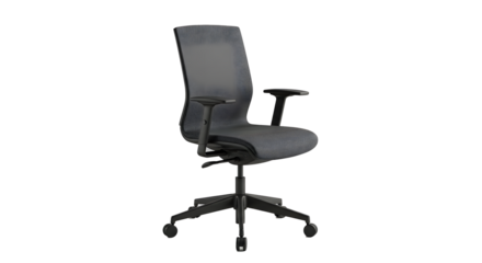 Ergonomic office chair with adjustable armrests and a dark gray mesh back, designed for comfort and support during long work hours.