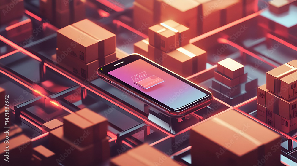 Poster smartphone displaying package delivery app above isometric warehouse