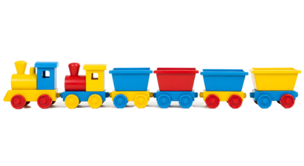 A colorful toy train with multiple cars, featuring yellow, blue, and red elements, isolated on a white background.