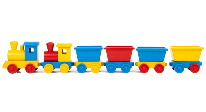 A colorful toy train with multiple cars, featuring yellow, blue, and red elements, isolated on a white background.