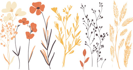 Beautiful wildflowers. Different types of flowering wild field plants, Panoramic view: bouquet of carnation, lilies, spring blossom. 