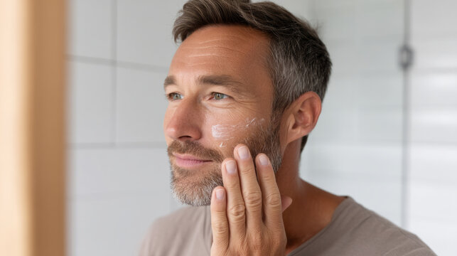 Man applying spf for face protection in bathroom for male grooming routine