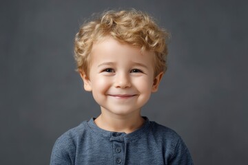 Fototapeta premium Joyful Toddler Portrait: Curly Hair, Sweet Smile, Grey Background