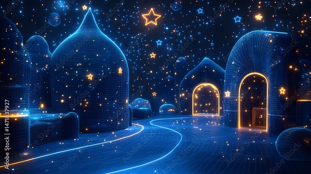 Leinwandbilder A surreal, futuristic landscape with glowing grid domes and archways, bathed in ethereal light. Digital rendering with dreamlike qualities for stock photo optimization. Abstract dark blue wireframe