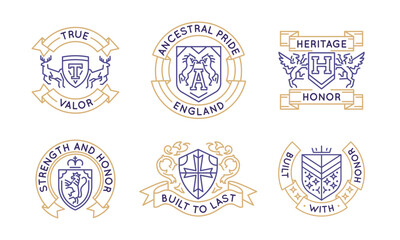 Heraldic emblems set. True Valor, Ancestral Pride, Heritage Honor, Strength and Honor, Built to Last logos isolated on white background. Vector illustration.