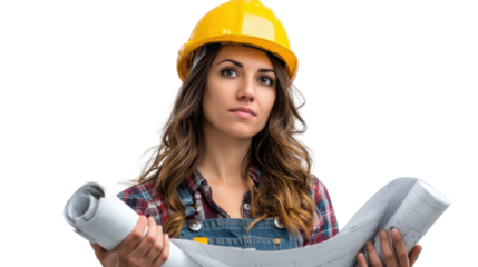 The Architect's Gaze: A female architect, clad in a hardhat, studies a blueprint with focused intent. The image radiates competence and determination.
