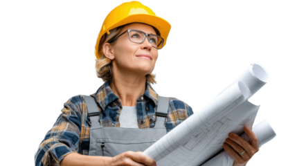 Construction Vision: A confident female architect or engineer wearing a hard hat and holding blueprints, embodying professionalism and construction expertise.