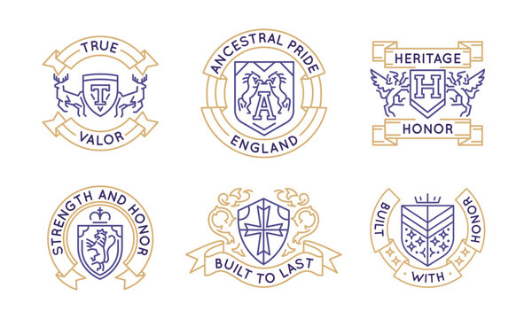 Heraldic emblems set. True Valor, Ancestral Pride, Heritage Honor, Strength and Honor, Built to Last logos isolated on white background. Vector illustration.