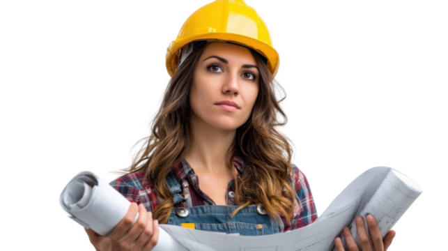 The Architect's Gaze: A female architect, clad in a hardhat, studies a blueprint with focused intent. The image radiates competence and determination.