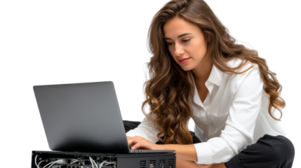 Professional at Work: A focused female professional is engrossed in her work, using a laptop at an office setting, showcasing productivity and technological proficiency.