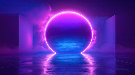Glowing purple neon circle in a smoky, reflective environment