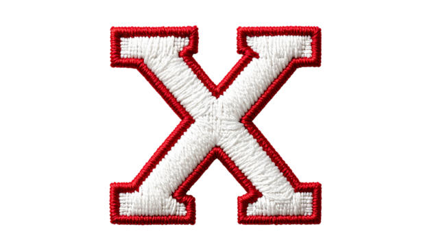  Letter X Embroidered With Red and White Threads isolated on solid white background 