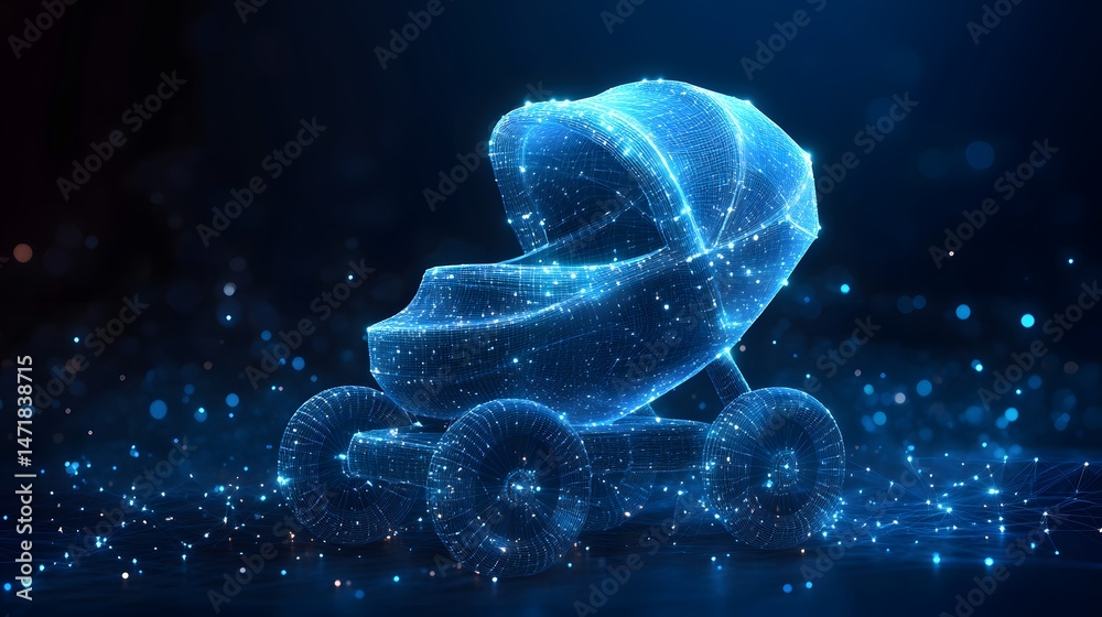 Poster futuristic baby stroller concept visualized with a glowing blue wireframe against a dark backdrop. h