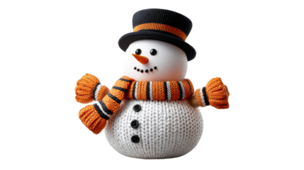 Smiling Snowman: A cheerful snowman wearing a festive orange and black scarf and a tall black hat smiles for the camera with a charming winter charm. 