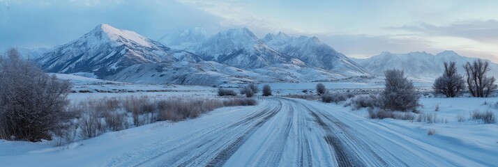 A snowy road with mountains in the background