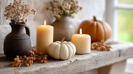 Candlelit autumn mantel with rustic decor and pumpkins