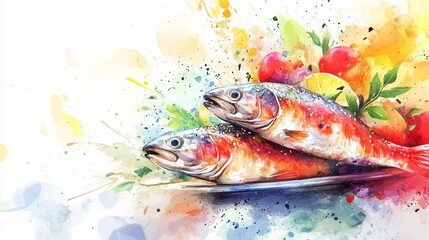 Colorful illustration of fish on a plate with fruits and vegetables.