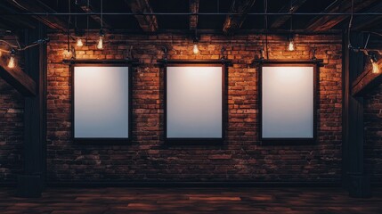 Three empty framed canvases in a rustic brick-walled interior space.