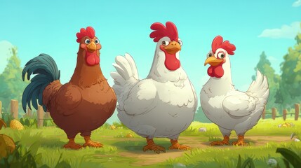 Fototapeta premium Three friendly farm fowl in a sunny pasture.