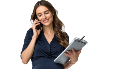 Professional Woman on a Call: An elegant professional woman engaged in a focused call, the embodiment of poise, holding a clipboard in hand