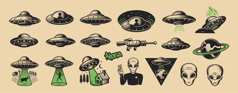 19 UFO, Aliens icons set. Vintage halftone Aliens icons isolated on white background. Aliens Spaceships. Design elements for logo, badges, banners, labels, posters. Vector illustration