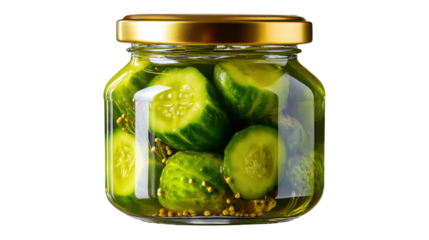 Pickles in a Jar: A close-up shot showcases crisp, appetizing cucumber pickles immersed in a clear brine within a glass jar, preserving the vibrant green color of the vegetables.