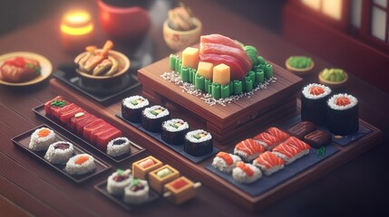 Exquisite sushi and Japanese cuisine display