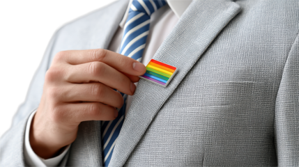 Pride in Professional Attire: A person in a tailored grey suit proudly displays a rainbow flag pin, symbolizing inclusivity and support for LGBTQ+ rights in a professional setting.